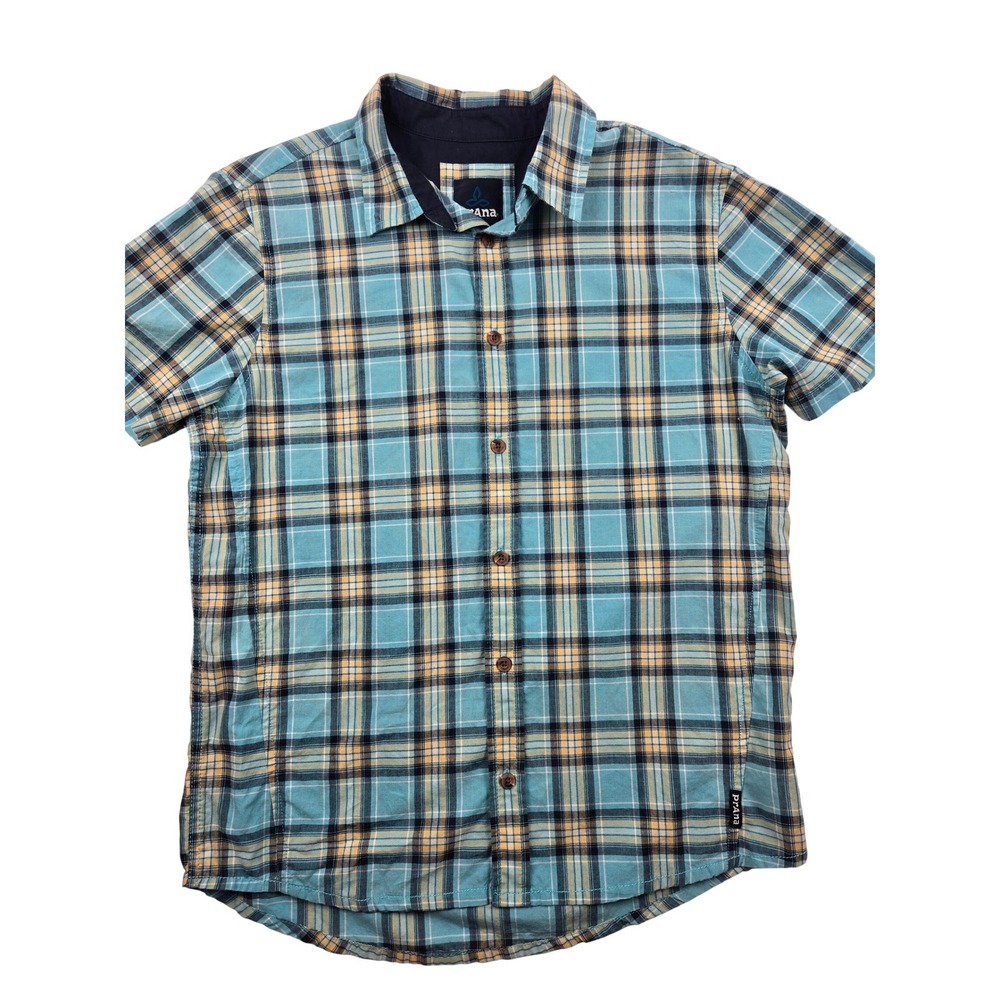 prAna Men's Plaid Short Sleeve Button Front Shirt Size Small Blue Green Cotton